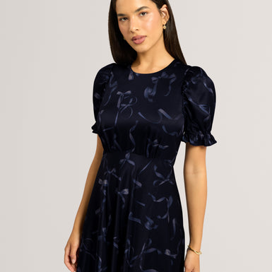 GRATIA: Bow Print Puff Sleeve Midi Dress