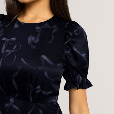 GRATIA: Bow Print Puff Sleeve Midi Dress