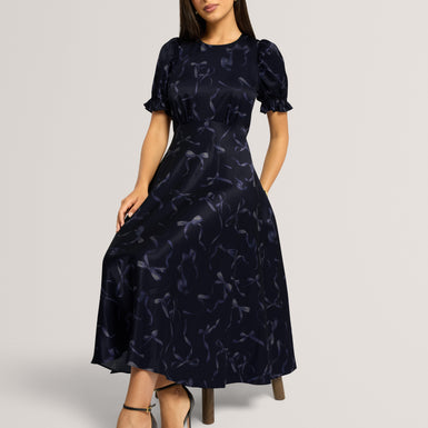 GRATIA: Bow Print Puff Sleeve Midi Dress