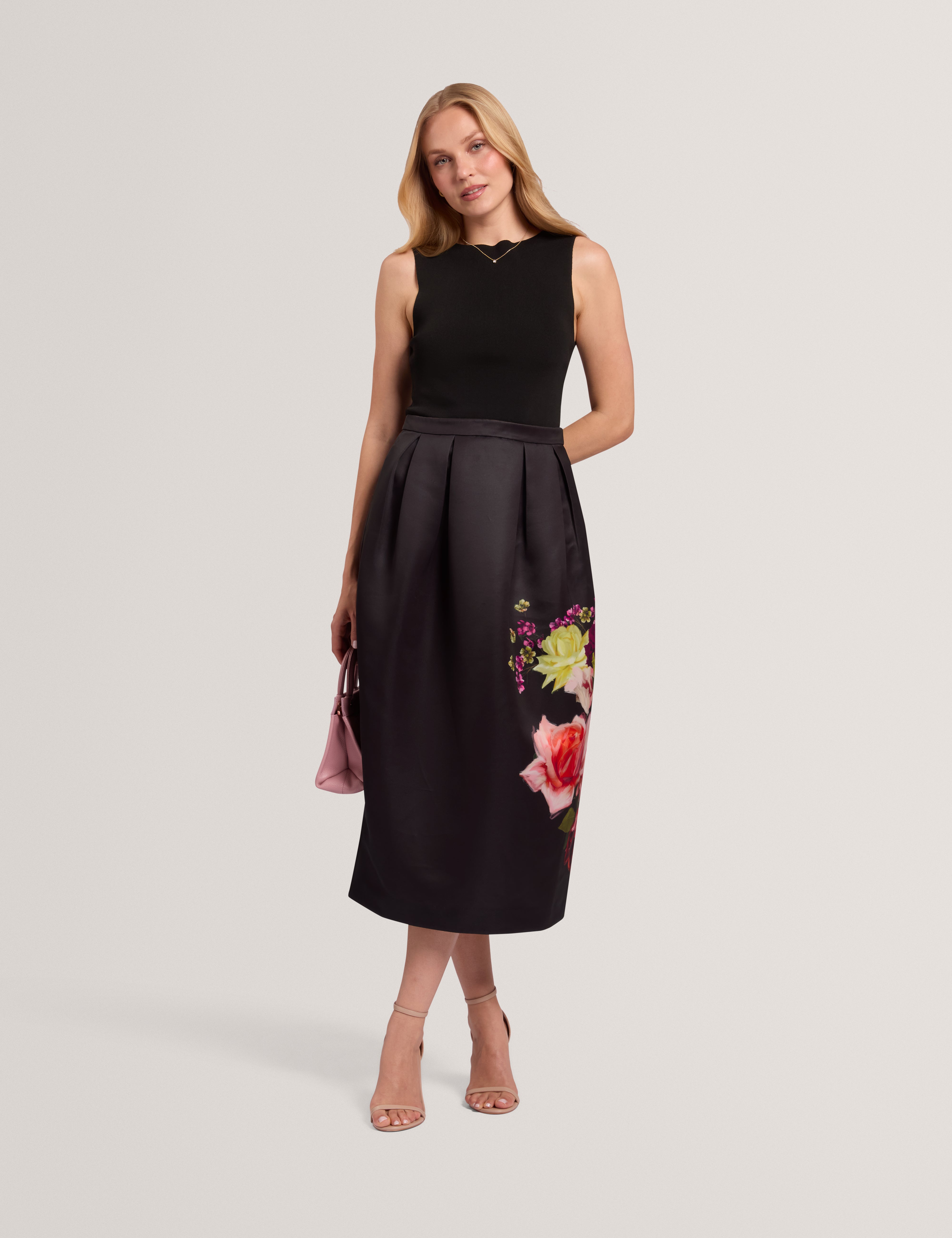 VENELLA: Mockable Midi Dress With Tulip Printed Skirt