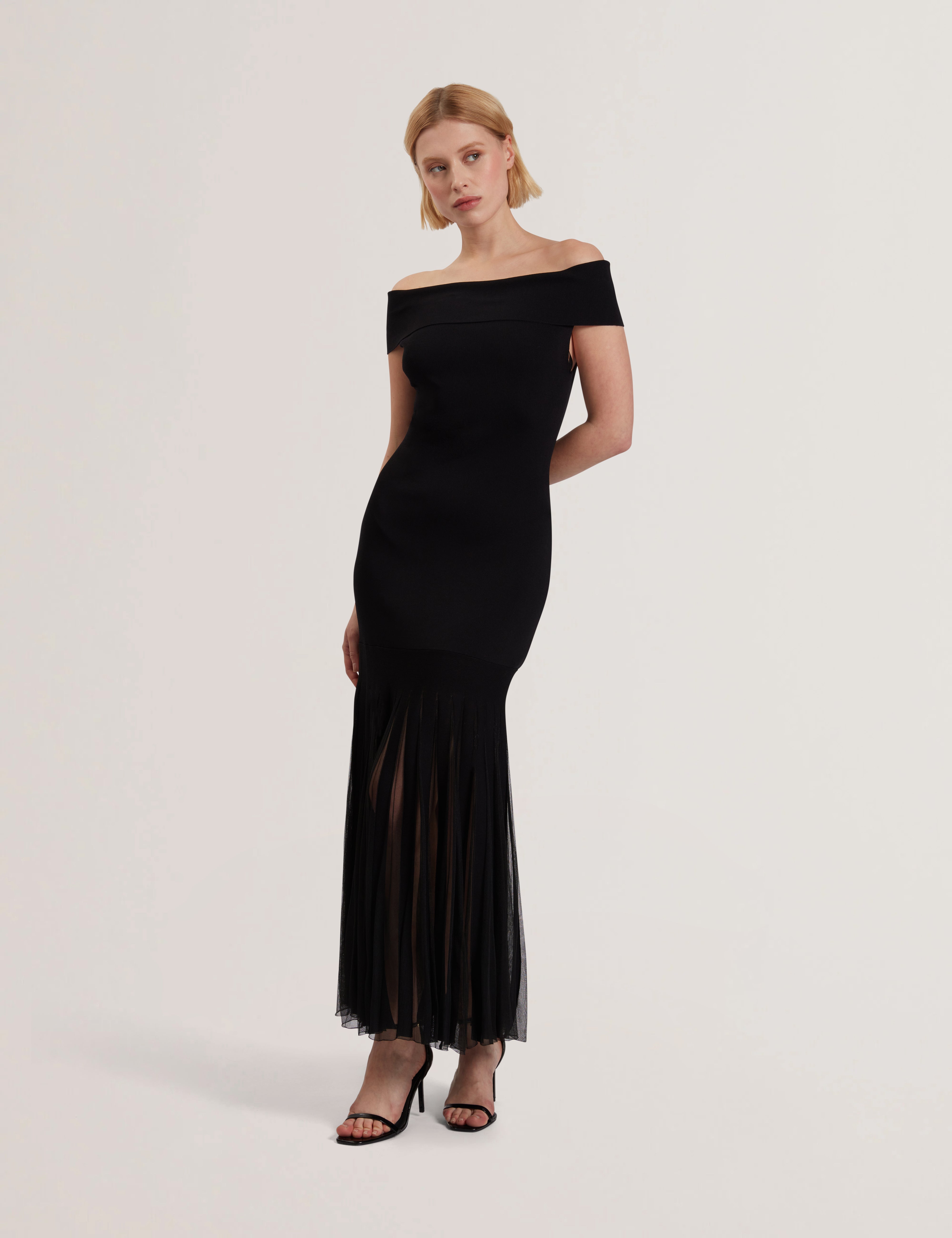 Women's SUANNAA-Dropped Waist Off The Shoulder Knit Dress Black
