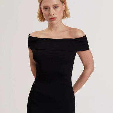 Women's SUANNAA-Dropped Waist Off The Shoulder Knit Dress Black
