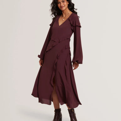 TRUEA: Long Sleeve Midi Dress With Frill Detail
