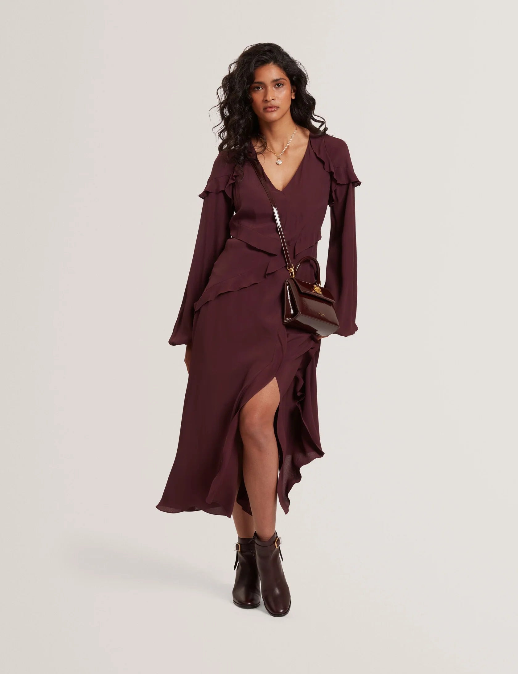 TRUEA: Long Sleeve Midi Dress With Frill Detail