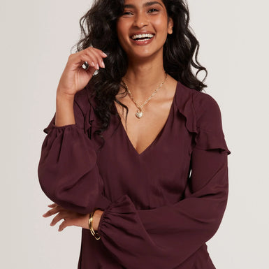TRUEA: Long Sleeve Midi Dress With Frill Detail