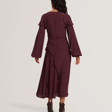 TRUEA: Long Sleeve Midi Dress With Frill Detail