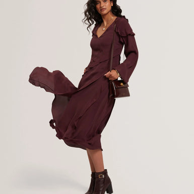 TRUEA: Long Sleeve Midi Dress With Frill Detail