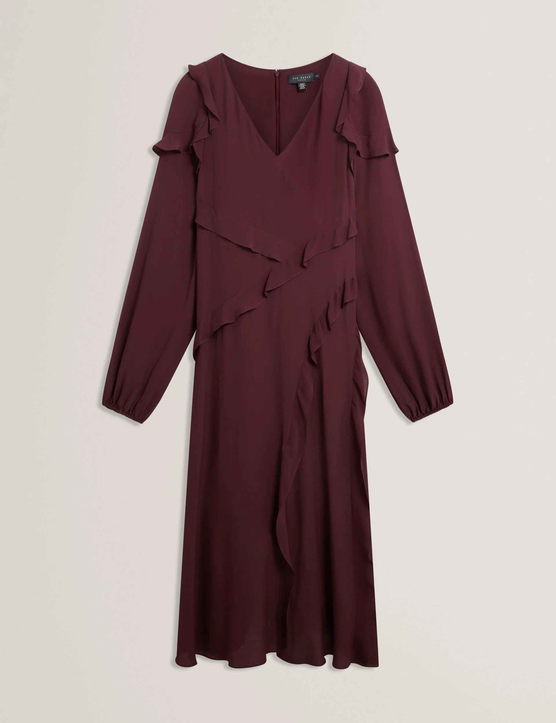 TRUEA: Long Sleeve Midi Dress With Frill Detail
